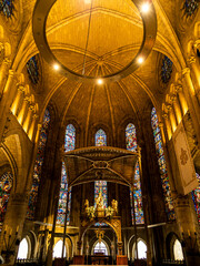 Obraz premium Stained glass windows of Gothic Collegiate church of Santa María, Navarra, Roncesvalles, Spain.