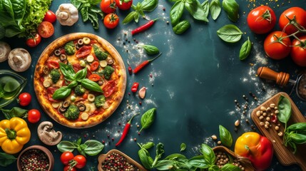 A pizza adorned with vegetables presented with a moody backdrop that frames the dish and offers expansive copy space for promotional content and ads.