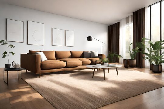a contemporary living space with a minimalist design, showcasing a sleek brown sofa and a pristine interior carpet. Utilize generative AI to bring this simple and modern room to life in an image