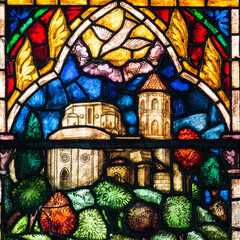 Stained glass windows of Gothic Collegiate church of Santa María, Navarra, Roncesvalles, Spain. - obrazy, fototapety, plakaty