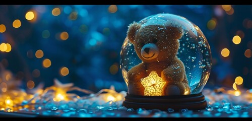 the soft, ambient light emanating from a Teddy Bear Globe against the backdrop of a starry night, creating a magical atmosphere that's both comforting and mesmerizing.