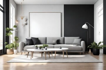 a contemporary living room setting featuring a stylish white interior with a mock-up of a gray sofa.