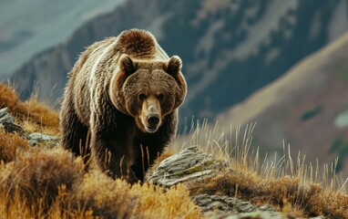 A grizzly confidently striding through a mountainous landscape - obrazy, fototapety, plakaty