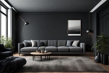 a contemporary living room setting featuring a stylish dark interior with a mock-up of a gray sofa.