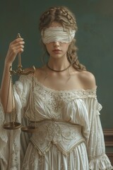  Photograph of lady justice, white lace band over her eyes, scale in her hand. Human version