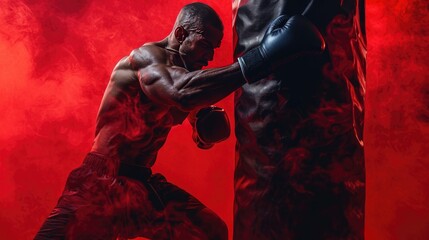 A powerful boxer in gloves delivering a punch to a bag, showcasing strength and determination.