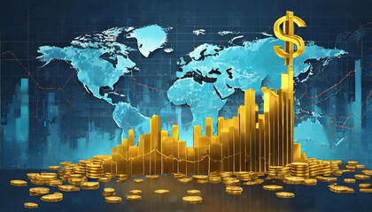 Graph of gold currency on world map blue background