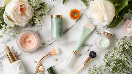 A beauty and skincare flat lay showcasing an array of products like facial creams serums makeup brushes and a jade roller elegantly arranged on a marble surface with fresh flowers.