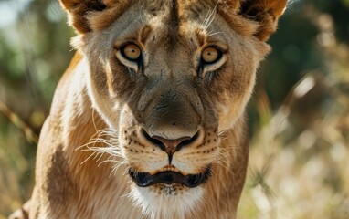 Fototapeta premium close up shot of lioness fiercely roaring