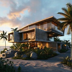 Modern cozy house with pool and parking for sale or rent in luxurious style. Summer evening by the sea