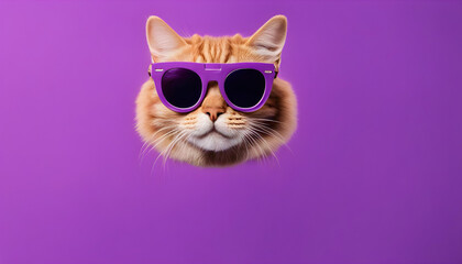 Cat face with sunglasses on his head on a violet background