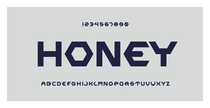 Honey Font. Letters and numbers for honey logo, branding, company and label design. Hexagon honeycomb cell style. Symbol of honey bee. Geometric Alphabet. Abstract background.