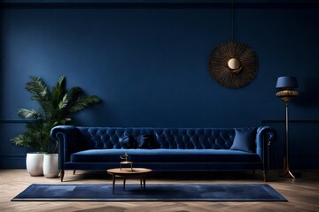 A blue velvet sofa against the wall, with a dark navy background. A carpet on the floor and a...