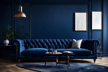 an AI description for an image featuring an elegant sofa and lamp in a luxurious living room interior design.