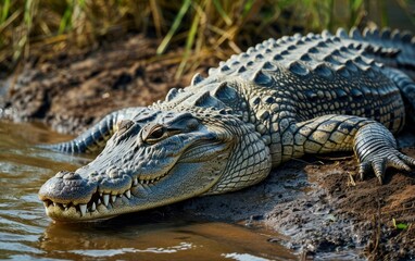 Obraz premium crocodile basking on a riverbank