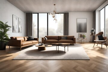 Naklejka na ściany i meble a contemporary living space with a minimalist design, showcasing a sleek brown sofa and a pristine interior carpet. Utilize generative AI to bring this simple and modern room to life in an image