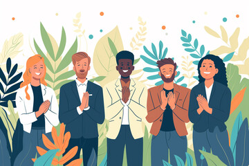 Happy people applauding and celebrating success vector illustration isolated on copy space white background, Focus on the joy and appreciation in their expressions, Successful business team clapping