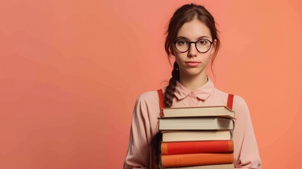 A studious librarian with glasses gracefully holds a towering stack of books.