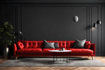 a contemporary living room setting featuring a stylish red color interior with a mock-up of a gray sofa.
