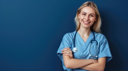 Friendly nurse in scrubs with a warm smile offering comfort and support to patients.
