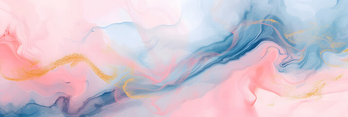Obraz premium Abstract watercolor paint background illustration Soft pastel pink blue color and golden lines, with liquid fluid marbled paper texture banner texture,