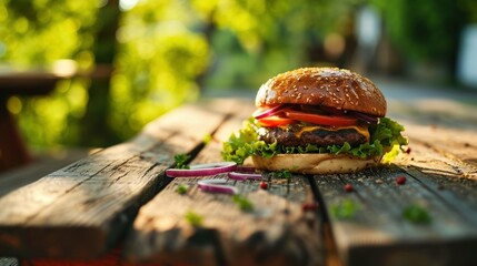Angular view of a classic burger on a wooden picnic table