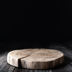 Wooden plate carved from tree trunk on old grunge wooden table on black background. Can be used like stand for your object