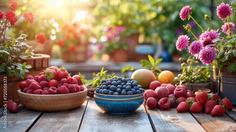 Poster a wooden table is adorned with a variety of fresh and colorful bowls filled with a selection of ripe