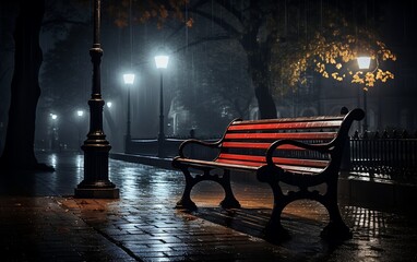 Lonely bench in the rain at night with a street lamp - obrazy, fototapety, plakaty