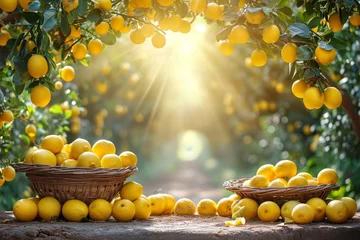 Poster A collection of yellow lemons arranged in a group, sitting on a tabletop, in sunny garden landscape backdrop  © nnattalli