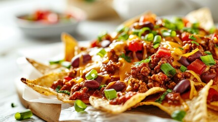 close up shot of  Chili Cheese Nachos against white background - Powered by Adobe