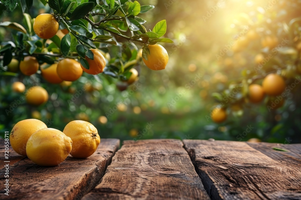 Wall mural A bunch of fresh lemons neatly arranged on a wooden table.