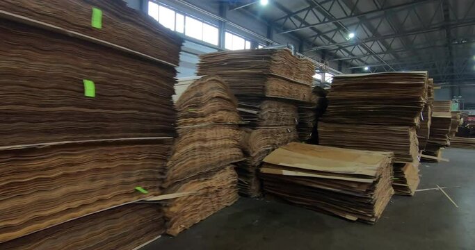 Automated production of plywood sheets at the factory. Finished veneer sheets. Plywood production