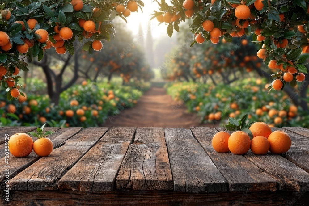 Poster a wooden table covered with a multitude of oranges in garden