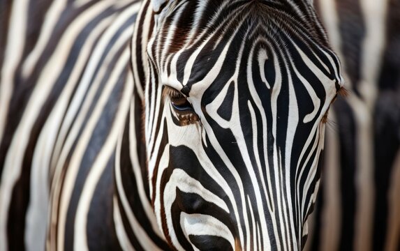 Close up shot of a zebra displaying a unique pattern of stripes
