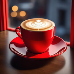 Cappuccino in a red cup on the table, with a window in the background, soft light
