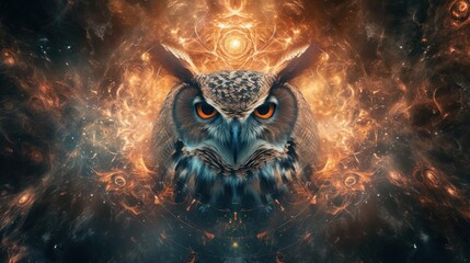 Cosmic journey, mystical essence of a cosmic owl, symbolism shamanism and witchcraft.