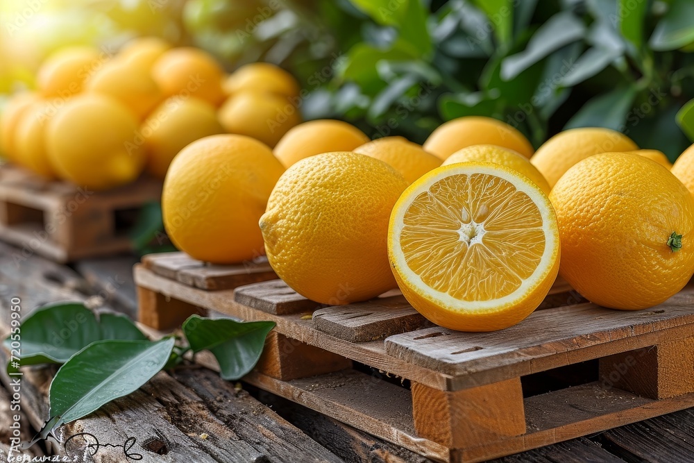 Aufkleber a gathering of lemons rest atop sturdy wooden crates in a neat arrangement.