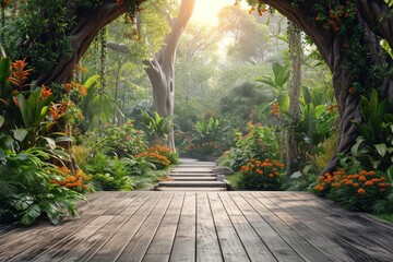 A wooden deck is adorned with lush tropical plants and vibrant flowers in a tranquil outdoor space.