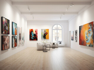 An art gallery with beautiful paintings displayed on minimalist white walls 