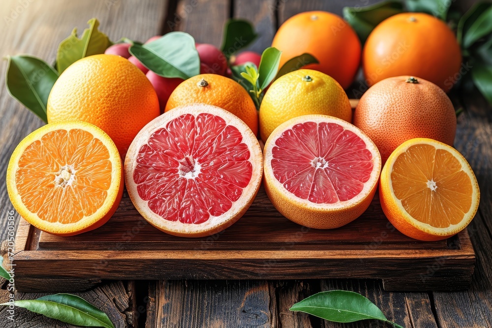 Poster collection of grapefruit, oranges, and grapefruit neatly arranged on a rustic wooden tray