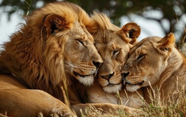 Lion Family Embracing Tranquil Unity in Nature