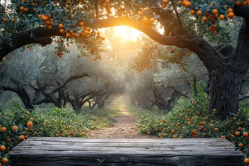 A wooden bench is placed amidst rows of orange trees in a vibrant orange grove.