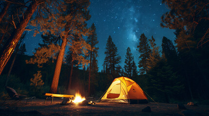 A family camping trip in a forest with a tent campfire and starry night. - obrazy, fototapety, plakaty
