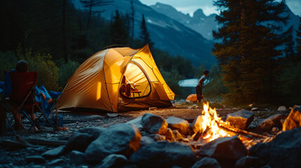 A family camping trip in the mountains with a tent set up and a campfire burning.