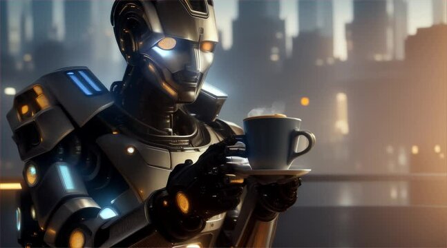 human robot drinks coffee ,morning robo breakfast