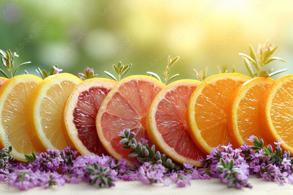 Poster A line of carefully sliced oranges arranged next to lavender sprigs on a white surface, creating an appealing visual combination of vibrant colors and fresh ingredients.