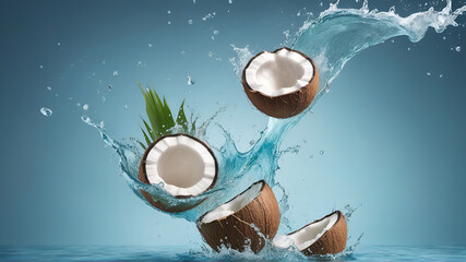 Obraz na płótnie Canvas Depict a tropical wave of coconut water with coconut pieces suspended in mid-air. ai generative