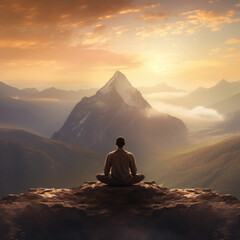 Fototapeta premium Back view of a man sitting in yoga pose in the sunrise with a mountain range in front of him. Serene warrior find spirituality and wellbeing. Mental health concept hyper realistic.