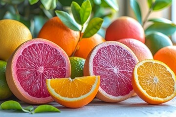 Red yellow Citrus  fruits in garden background, sunlight soft background